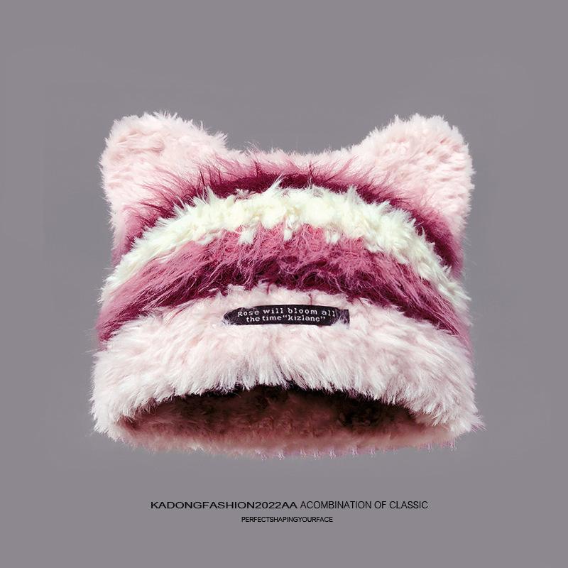 All-match Cute Cat Ear Hat for Women In Autumn and Winter New Windproof and Warmth Thickened Pullover Hat Korean Casual Plush Hat