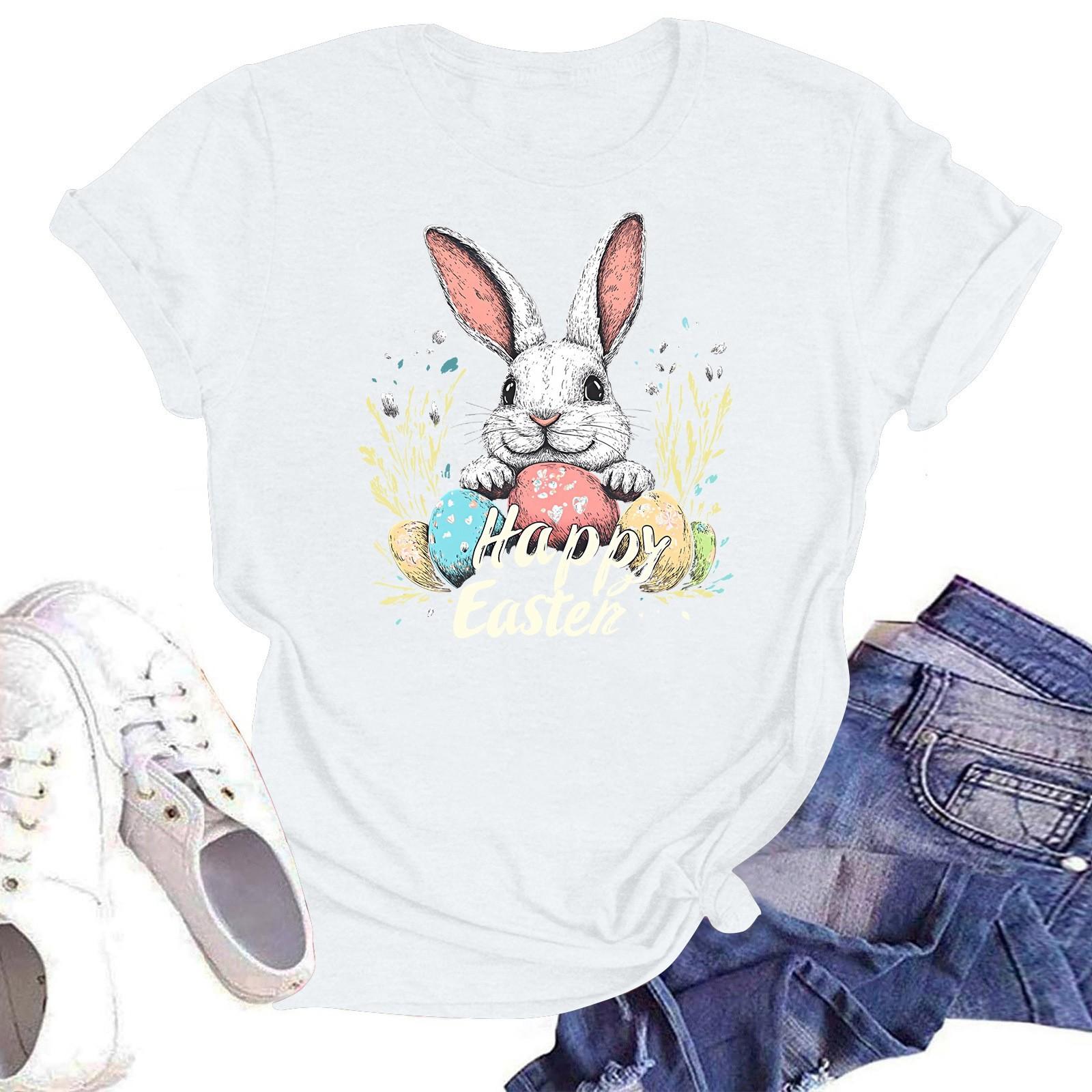 

З Великоднем Жіноча Мода Принтована Футболка з Круглим Вирізом та Коротким Рукавом Пуловер Топ XL білий