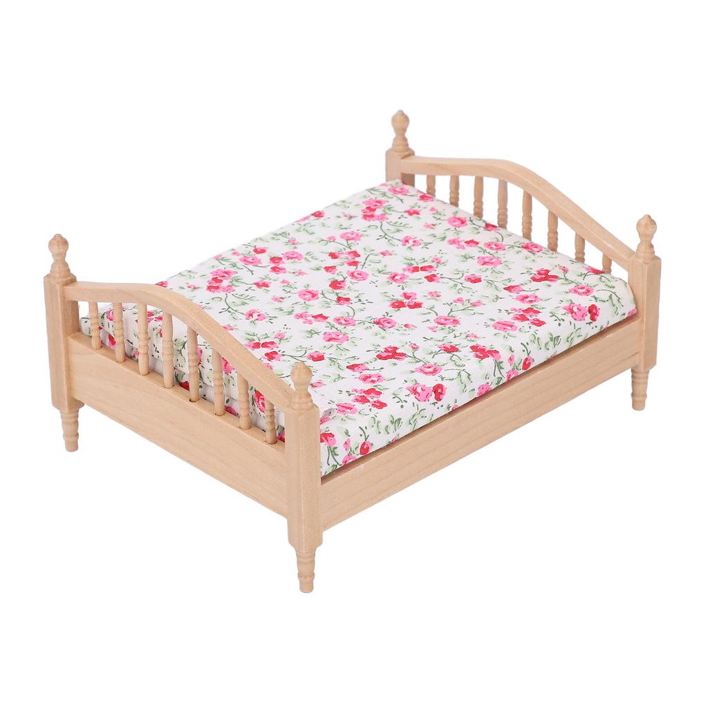 1/12 Miniatur Puppenhaus Bett Elegant Dekorativ Holz Floral Möbelzubehör Miniatur Bett