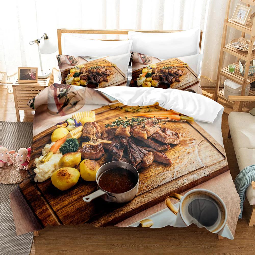 2024 Beefsteak Einzel Doppel Voll Queen King Size Bettwäscheset Jungen Schlafzimmer Bettdeckenbezug 3D-Druck Gourmet-Steak