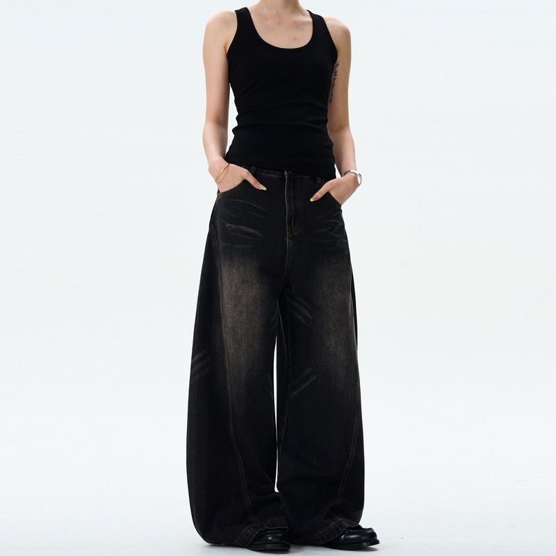 

Madwitch American Retro Cat Beard Machete Denim Men and Women Loose Profile Cleanfit Casual Pants Tide Black 2XL