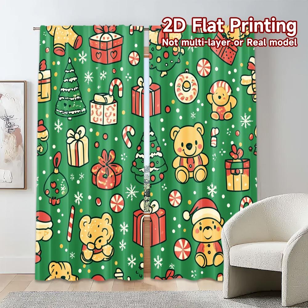 2pcs,Curtains Christmas Teddy Bear Gifts Trees (3) Popular Creative Curtains Durable 100% Polyester Fabric Curtains Outdoor