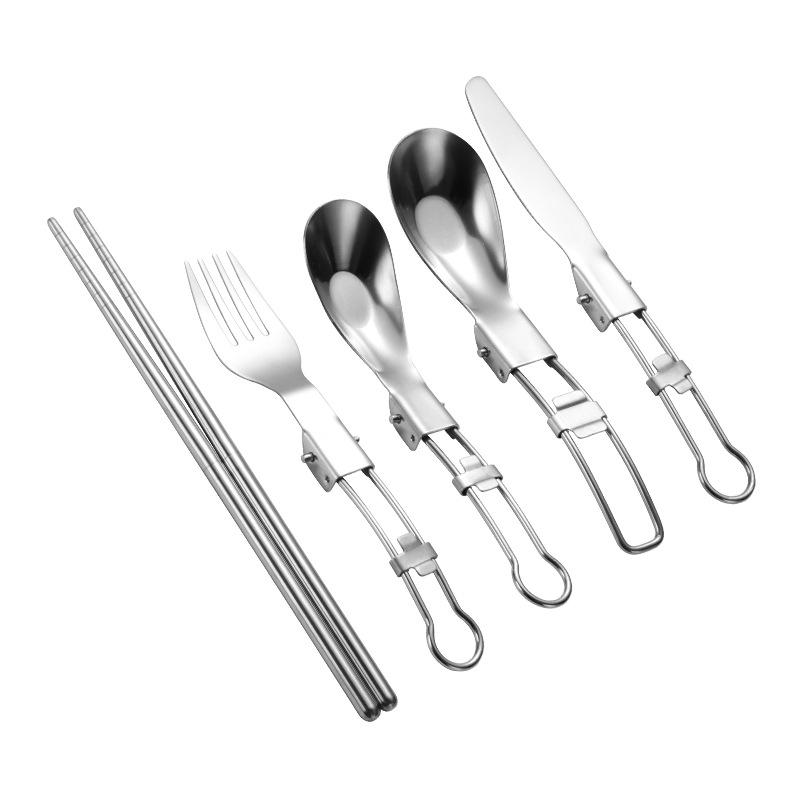 Portable Stainless Steel Camping Cutlery Set: Fork, Spoon, Chopsticks, Folding Yuanbao Spoon, Alloy Fork