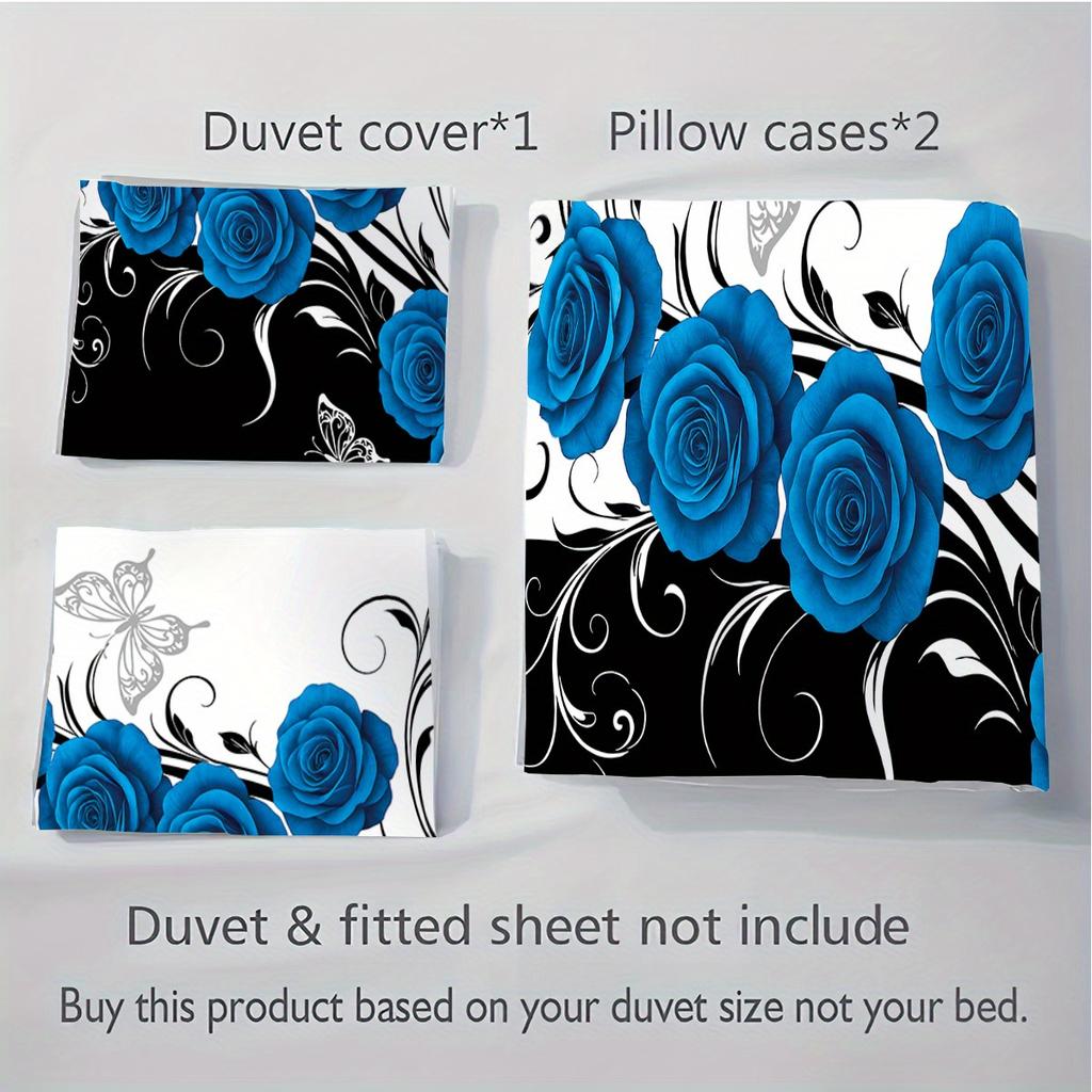 3Pcs Blue Rose Patterned Duvet Cover Set (1 Duvet Cover, 2 Pillowcases, No Filling), White Butterfly Bedding Set, Soft