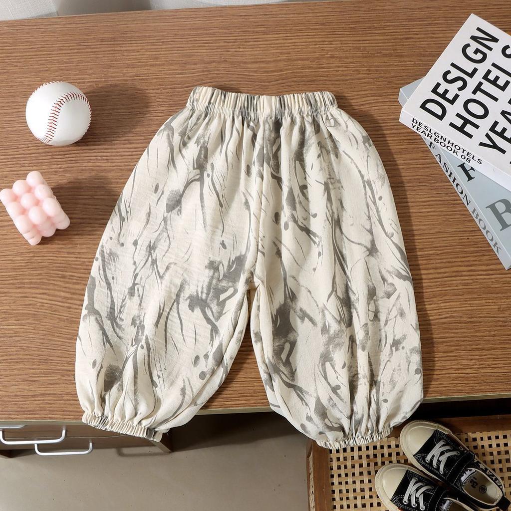 Kids Summer Ice Silk Linen Floral Mosquito Pants Loose Breathable Thin Harem Trousers For Boys And Girls