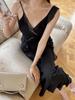 2026 Spring/Summer Bay Leaf Lace-Trim V-Neck Spaghetti Strap Maxi Dress