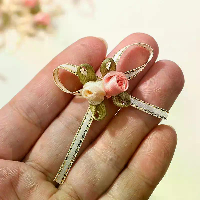 (10pcs/pack) 4.5cm Rose Bud Bow White Pink 2 Rose Bows Wedding Gift Box Hair Accessories Home Christmas Bows Decoration