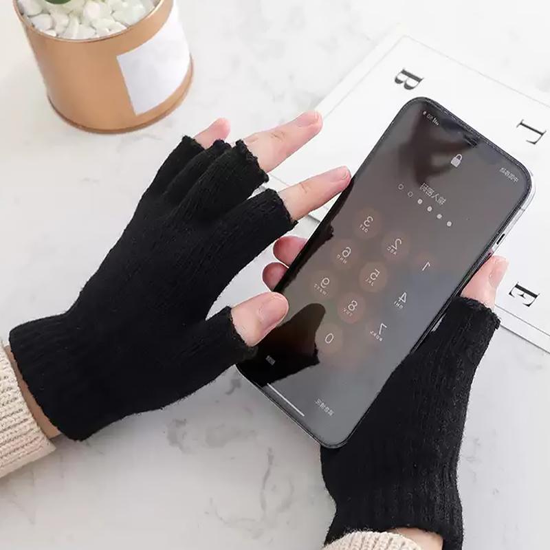 Black Gloves Autumn Winter Fashion Keep Warm Knitted Half-Finger Gloves Unisex