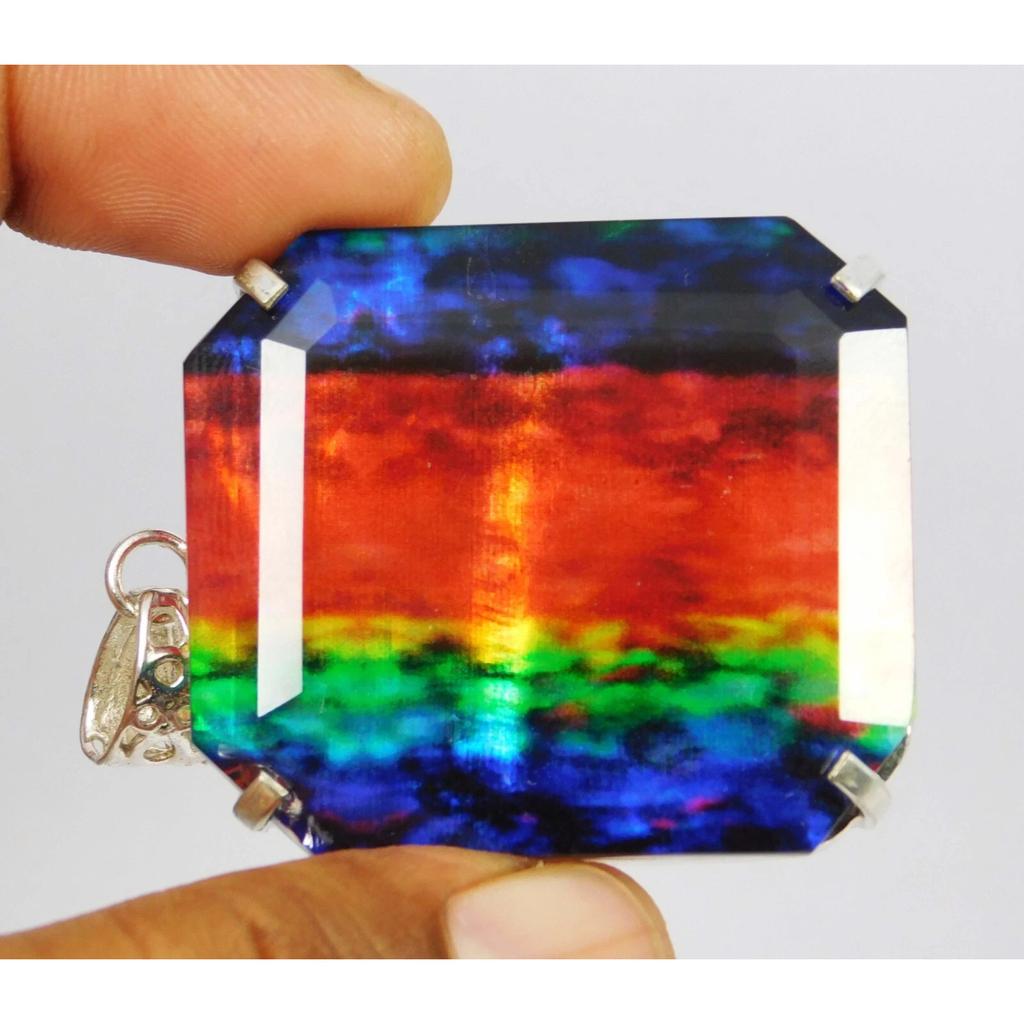 CERTIFIED 141 Ct Natural Ammolite Pendant 925 Solid Silver Emerald Cut Gemstone