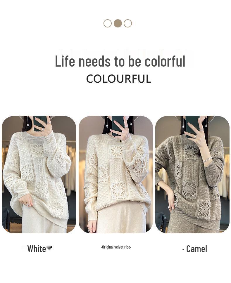 Handmade Women's Loose Knit Wool Sweater - Round Neck, Thick, Trendy, and Stylish Hollow Design.