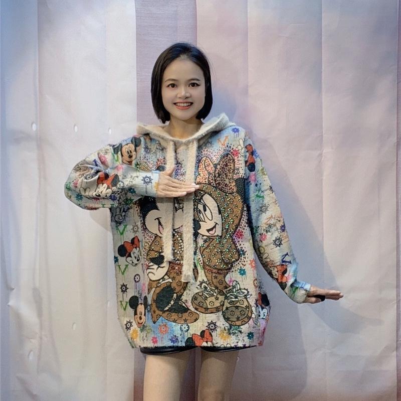 Plus Size Mickey Print Hooded Sweater for Women - Loose, Casual, Age-Reducing Knit Top