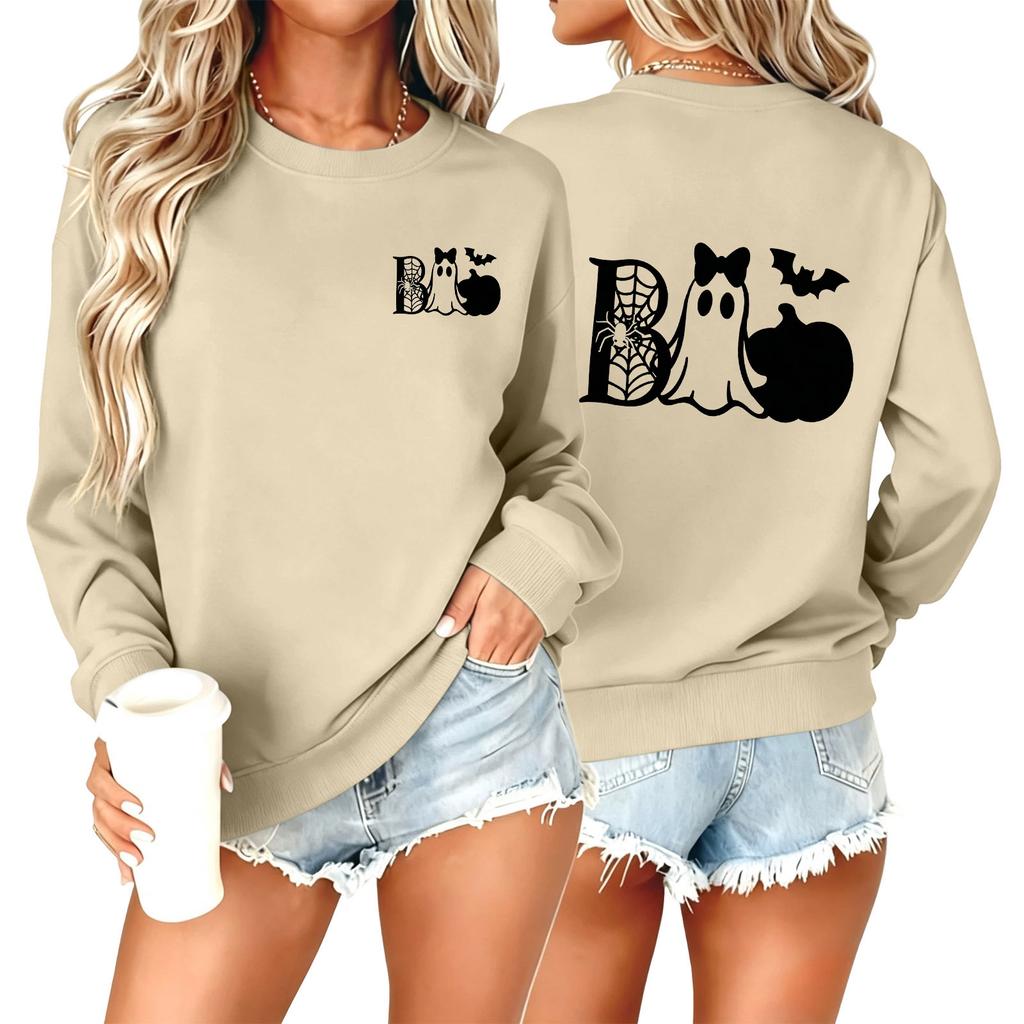 Women's Halloween Print Neck Pullover Sweatshirt Trendy Casual Fall Fashion