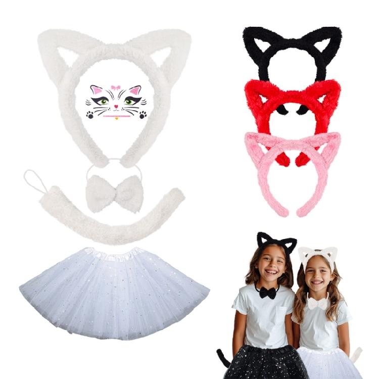Cats Headband Set Plush Tail Cats Headband Bows Tie Skirt Animals Cosplay Set Cats Costume Set for Halloween