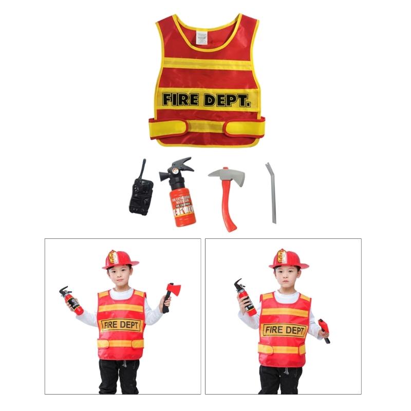 Kids Halloween Role Play Costumes, Fireman Costume with Fire Extinguisher, Walkie-talkie, Crowbar for Children