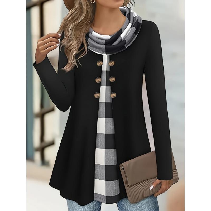 DAFIFY Women's Fashion Casual Spring Autumn Plaid Print Long Sleeve V-Neck Blouses & Shirts