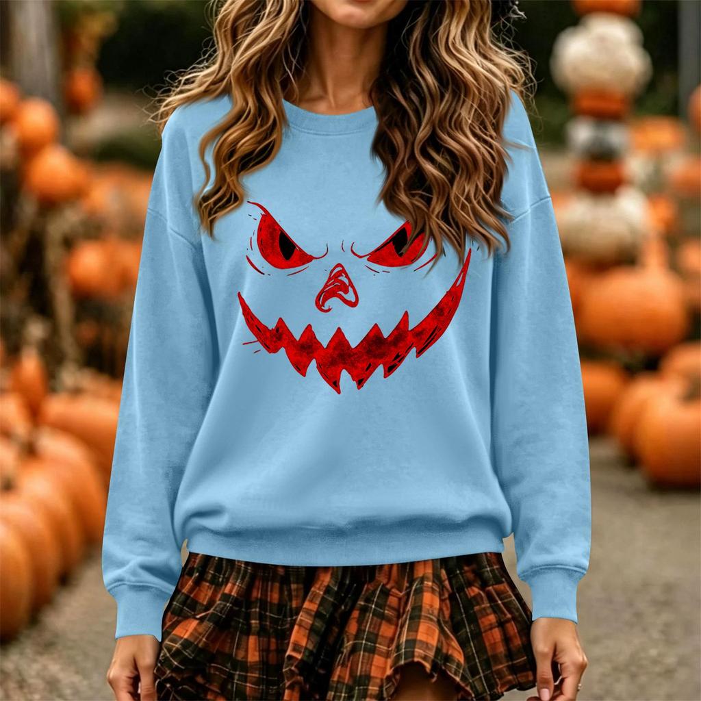 Women's Fashion Casual Long Sleeve Halloween Print Neck Pullover Sweatshirt