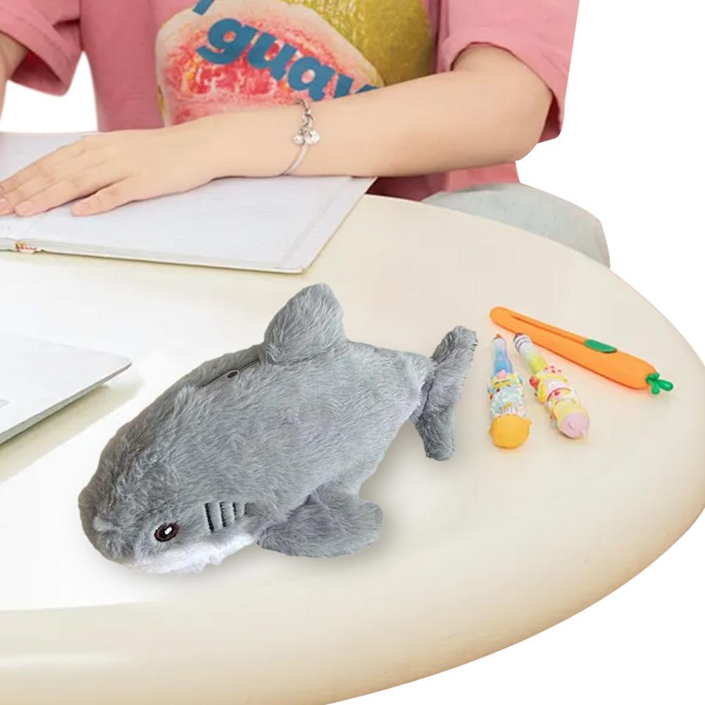 Cute Fluffy Pen Bag Large Capacity Plush Shark Stationery Bag Portable Kawaii Pencil Bag for School Office Supplies