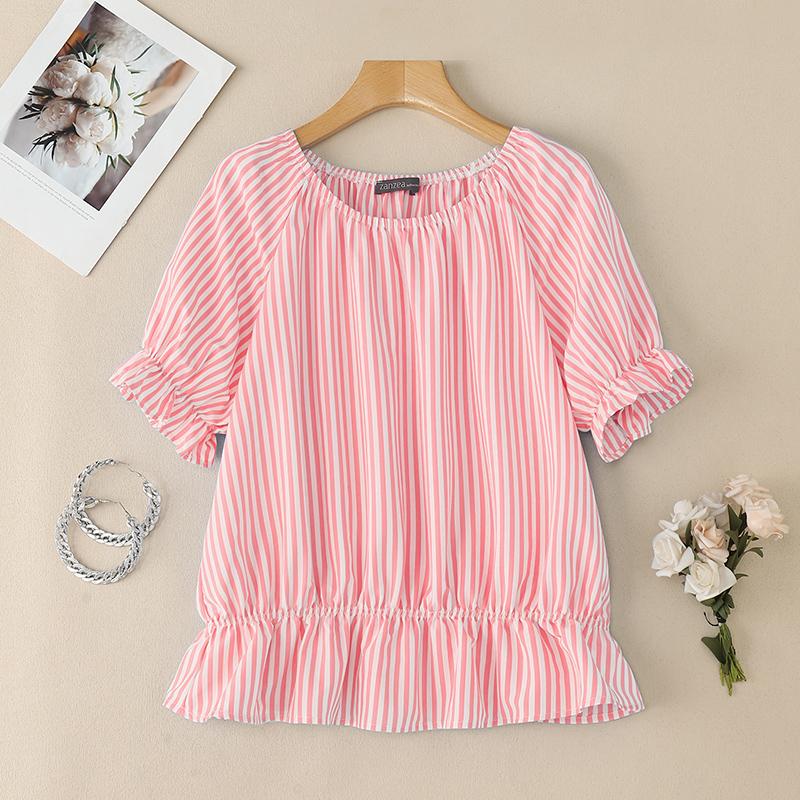 

ZANZEA Женская повседневная блузка с круглым вырезом, коротким рукавом и свободным полосатым принтом 5XL розовый