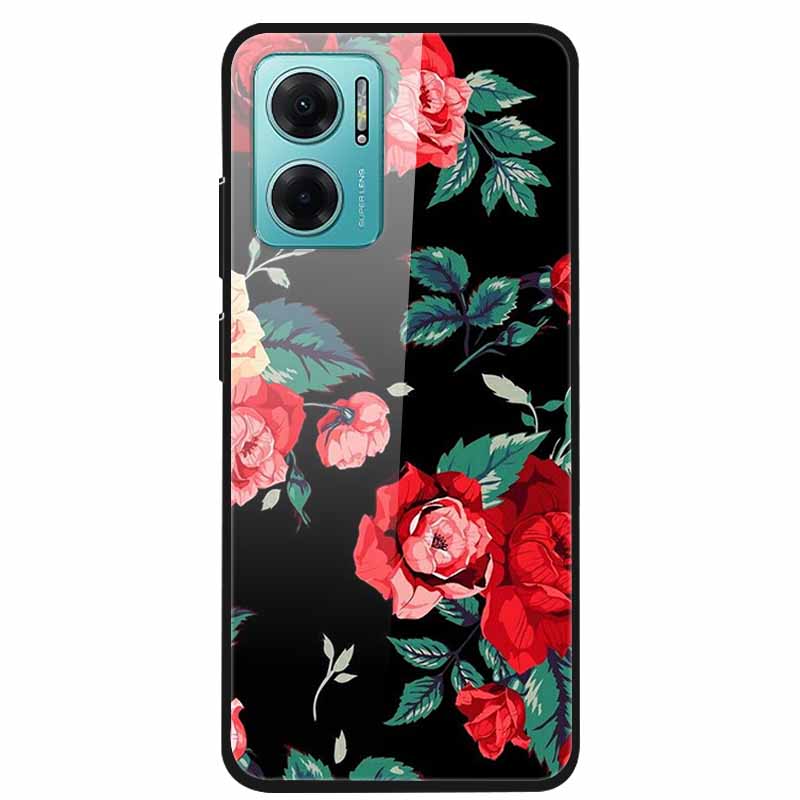 Case For Xiaomi Redmi Note 11E Luxury Tempered Glass Hard Back Cover For Redmi Note 11E Capa Shockproof Flower Funda Wolf Coque
