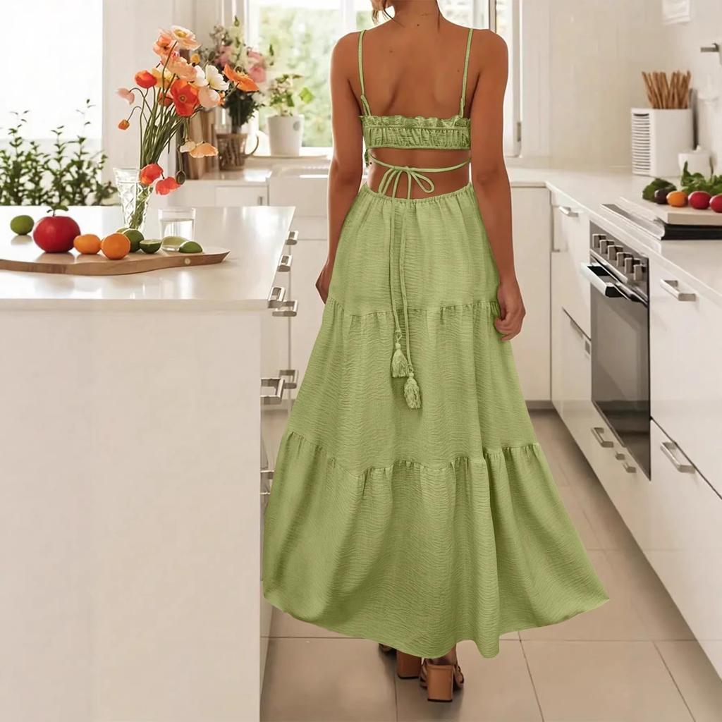 European and American Women's Clothing New Sleeveless Solid Color Suspender Long Dress Seaside Vacation Dress