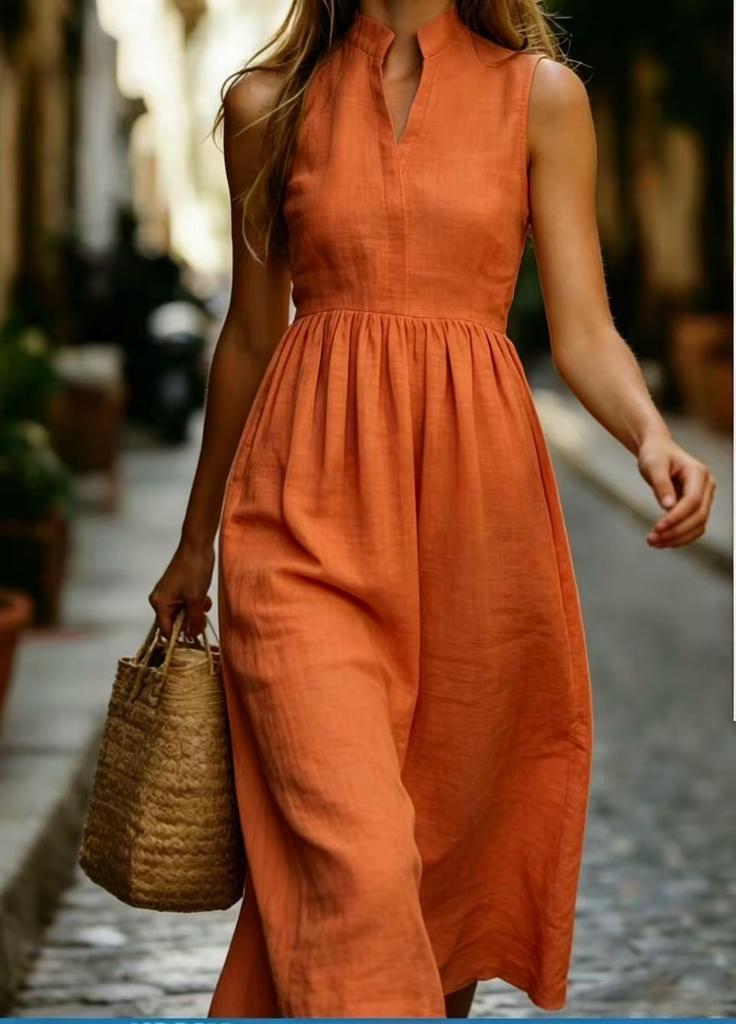 European, American spring and summer new temperament V-neck sleeveless commuter stand-up collar shirt long dress