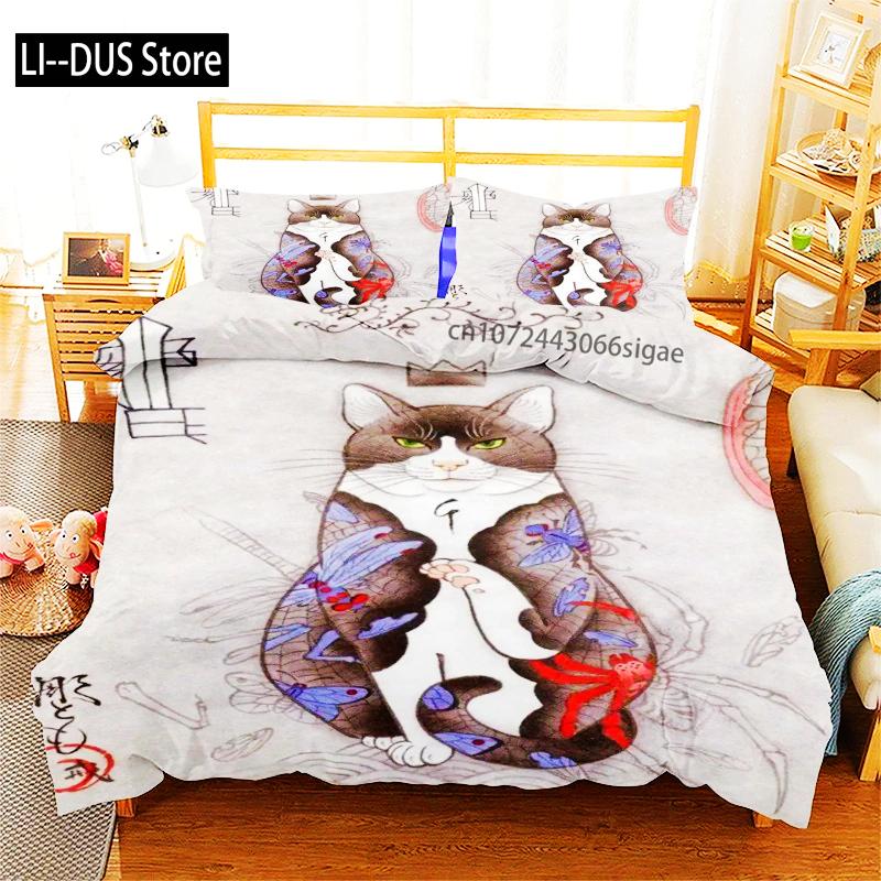 Phechion Samuray Kedi Dövmesi 3D Baskı Yatak Takımı Yorgan Kılıfları Yastık Kılıfları Tek Parça Yorgan Yatak Takımları Yatak Örtüsü Yatak K580