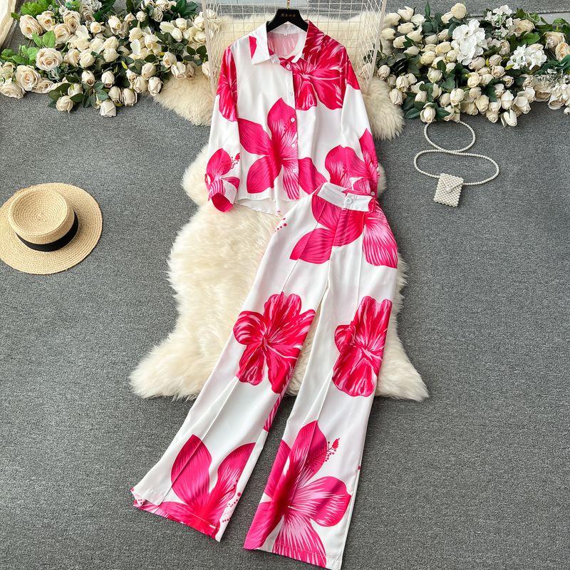 

Fashion Lightly Mature High Waist Wide Leg Pants Print Shirt Rose Red L