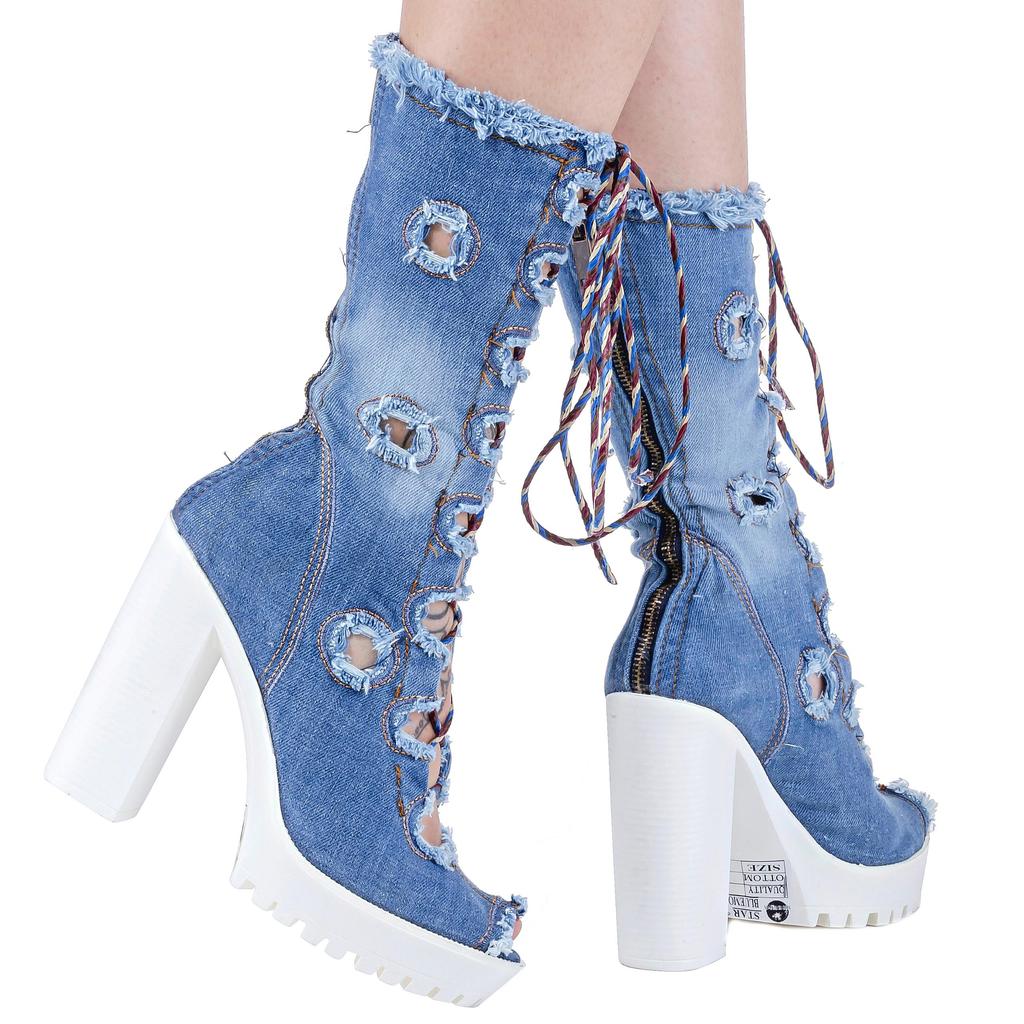 Denim Sandal Boots Handcrafted sexy Design Blue Torn Pattern Embroidered Denim Women's Sandal Geburtstagsgeschenk