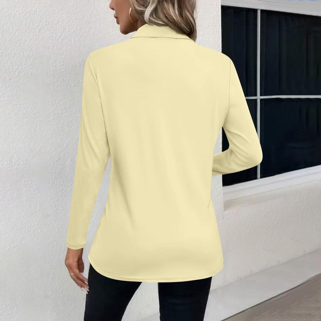 Moda Donna Casual Camicia a Manica Lunga Corta con Collo a Revers Top da Donna con Scollo a V