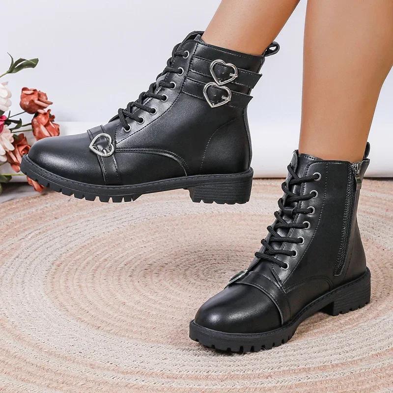Fashion Women's Solid Lace Up Fashion Boots 2024 Autumn Heart Buckle Thick Heel Short Boots Pu Leather Side Zip Square Heel Women Boots