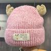 Sweet and cute antler patch letter knitted wool hat women's autumn and winter double-layer thickened cold-proof and warm bald hat