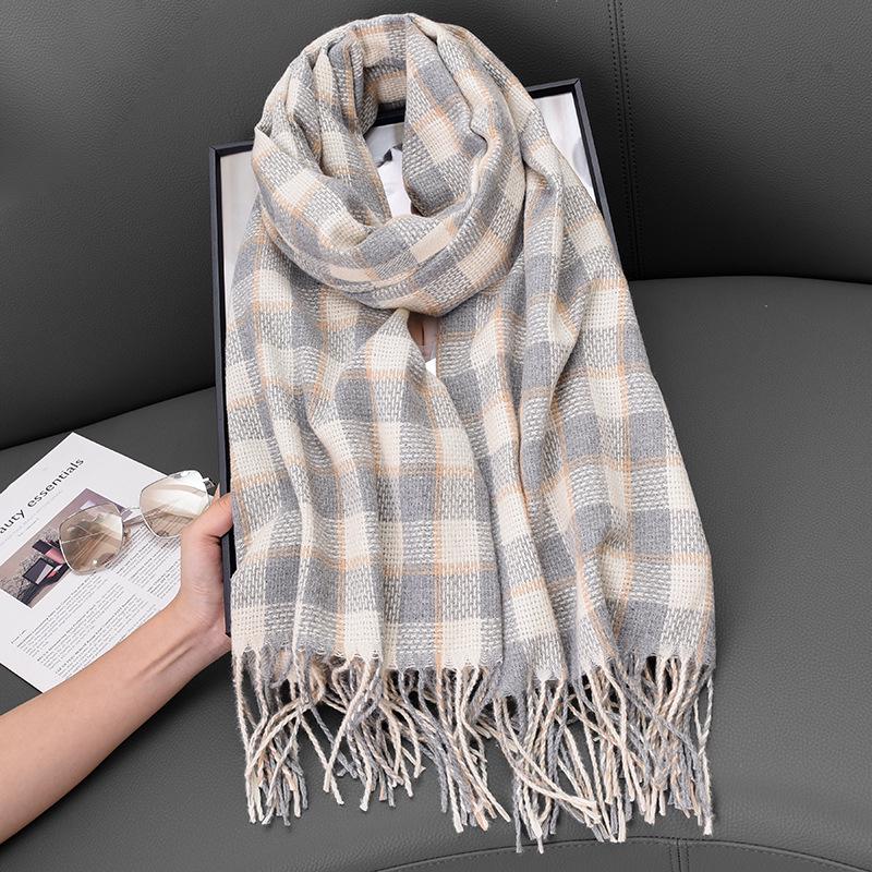 

Клетчатый женский шарф 2024 - Зимняя грелка для шеи для студентов и пар 65x180 cm серый