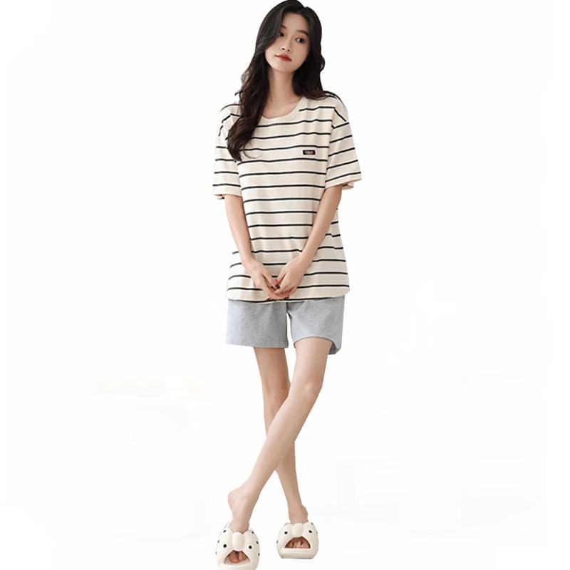 Miiow Women s Summer Pure Cotton Striped Pajama Set with Built-in Bra Pad 2XL