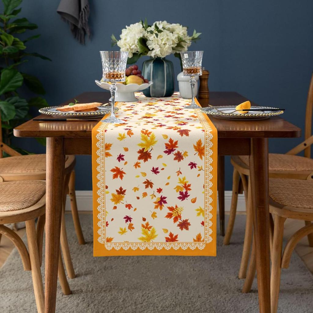 Fall Orange Maple Leaf Table Runner Holiday Party Decor Washable Kitchen Dining Table Runner Autumn Thanksgiving Decorations
