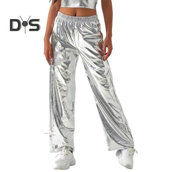 

Женские брюки цвета металлик, эластичные брюки с высокой талией, повседневные голографические цветные брюки, широкие брюки с карманами в стиле хип-хоп, длинные брюки XL