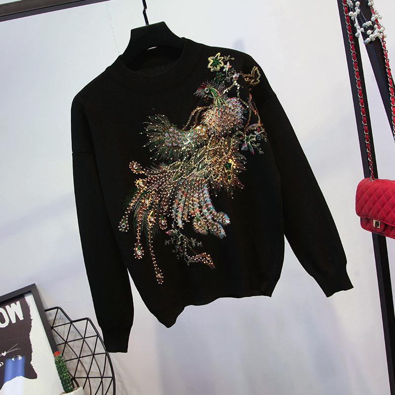 2pcs/set Women Phoenix Beaded  Tracksuit Casual Sports Suit O-neck Sweatershirt Pants Two-piece Set