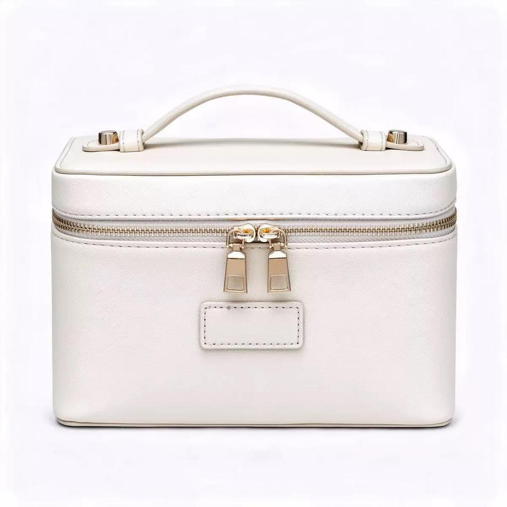 Portable Cross-Grain Leather Cosmetic Bag with Gold Hardware - Makeup and Skincare Travel Organizer