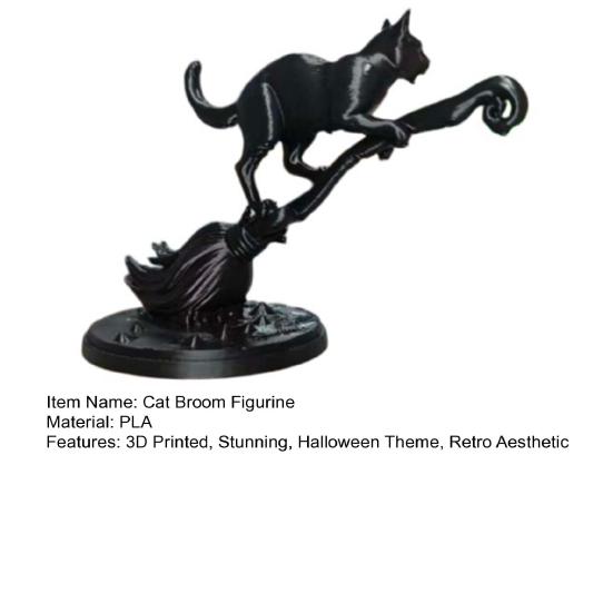 Durable Pla Craft Black Cat On Witch Broom Figurine, 3D Printed Broomstick Statue, Halloween Table Decoration Tabletop Ornament for Tiered Tray, Desk,