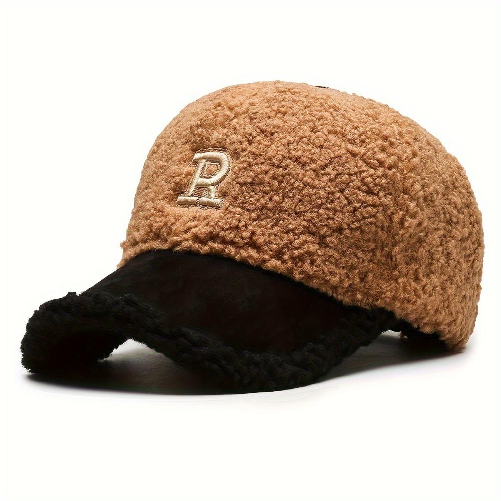 Classic Letter R Embroidery Baseball Cap Color Block Coldproof Warm Dad Hats Plush Adjustable Sun Hat for Women Autumn & Winter