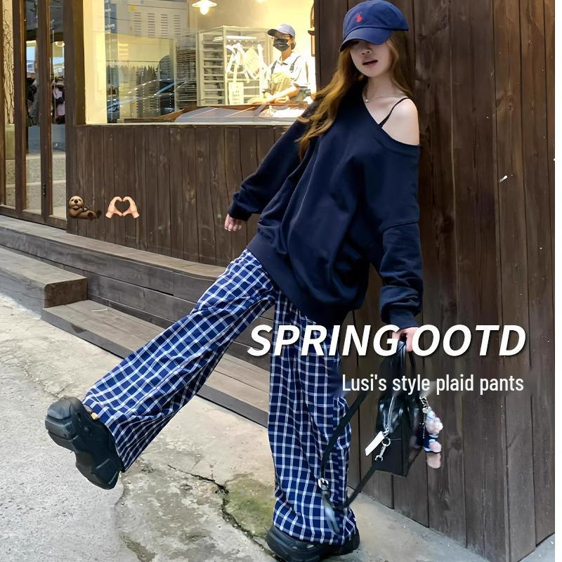 

Petite 145cm Women s Relaxed Blue Plaid Wide-Leg Pants - Spring/Autumn Casual Loose Fit 2XL (126-145 lbs)