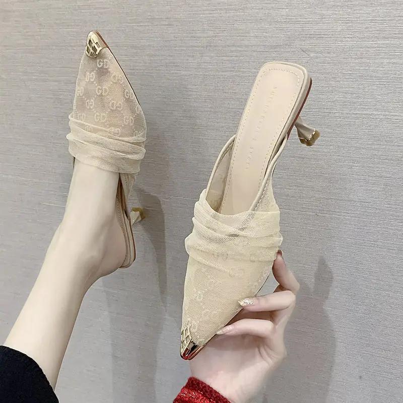 

Fashion Job Sexy Pointed Toe Stiletto Woman Slippers Sandals Slides Outside Khaki Heeled Shoes for Women Mules Clappers Casual New Style 35 хаки