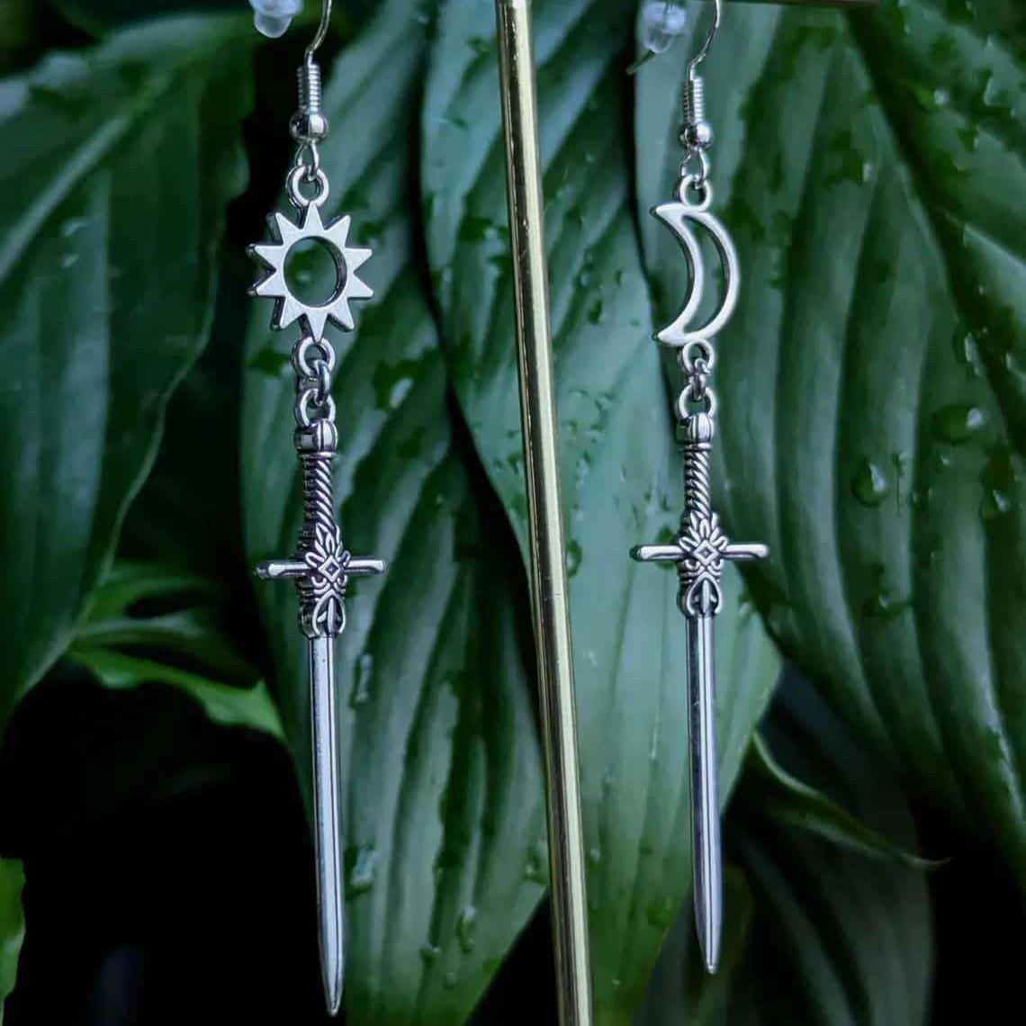 

Gothic Sun Moon Sword Dangle Earrings for Women Witchy Medieval Asymmetric Drop Earrings Alt Aesthetic Statement Jewelry Gifts