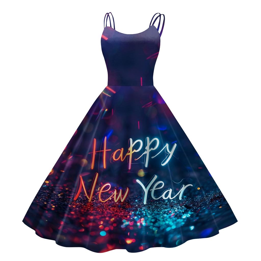 Women's New Year Printed Casual Fashion Round Neck Midi Dress