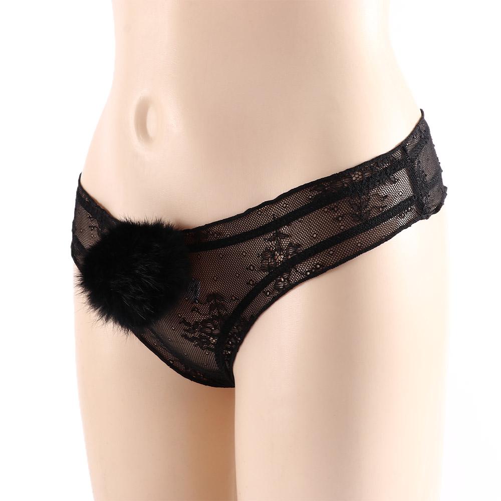 Transparent Low Waist Breathable Plush Ball Thong G-string Lace Panties