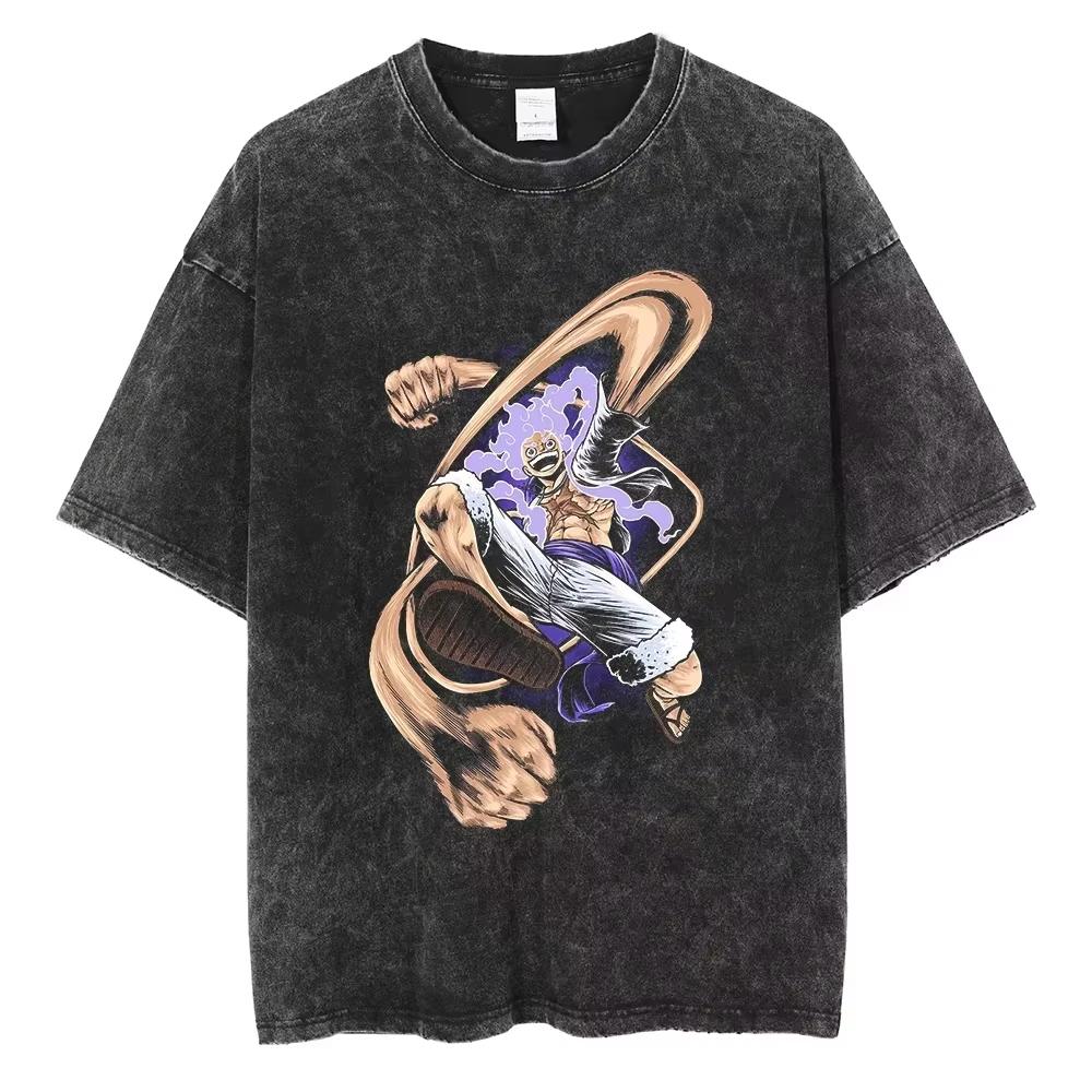 Nika Luffy Gear  ONE PIECE Anime Harajuku Retro Washed Tshirt  Cotton Men Streetwear Women Short Sleeves Unisex Top