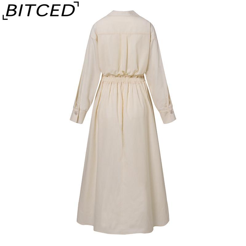 BITCED Women Casual Loose Long Dress Turn-down Collar Long Sleeve