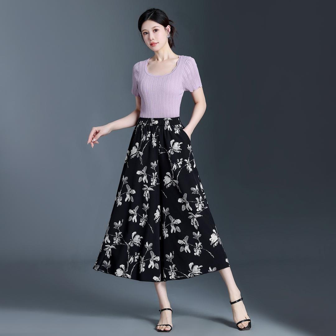 Printed Loose Casual High Waist Thin Fashion Wide Leg Pants Nine Points Skirt Pants Summer Drapey Wide Leg Trousers XS