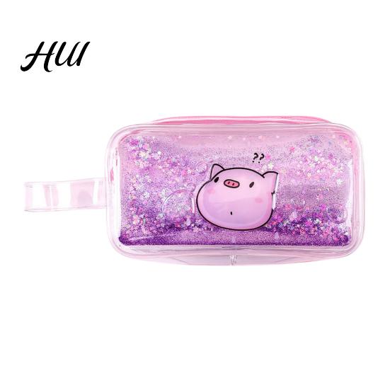 Cute Cartoon Pencil Case Shiny Transparent PVC Makeup Bag Waterproof Travel Cosmetic Wide Edge Storage Pouch Glitter Sequin for Pens Brushes Quicksand D