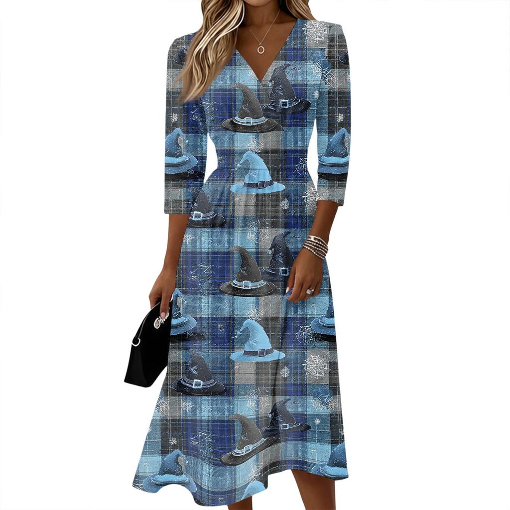 Women's Casual V Neck Midi Dress 3/4 Sleeve Back Zipper Floral Print Lightweight Comfortable Fit Daily Wear