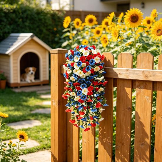 Patriotic Red White Blue Hanging Flowers Artificial Morning Glory Flower Vine UV Resistant Fake Plants for 4th of July Memorial Day Independence Day